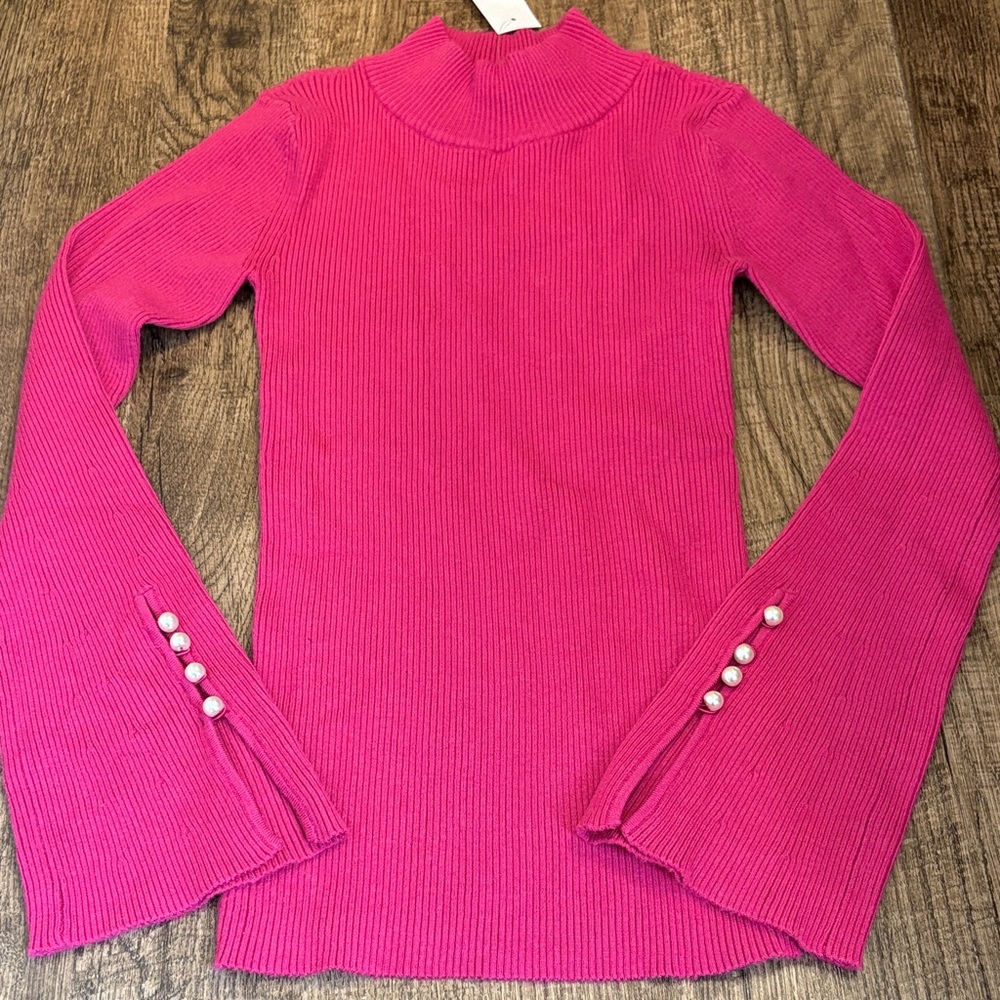 Ann Taylor Hot Pink Berry Magenta Ribbed Mock Neck Sweater Pearl Bell Sleeves